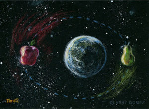 apple and pear orbiting the earth in color pencil against a black mat board. Original art is 6.375 x 4.75 inches. File resolution is 500 x 365 at 72ppi